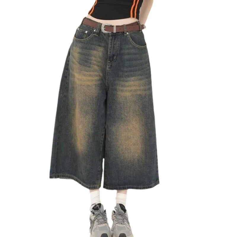 

Y2k Cropped Barrel Jeans Woman 2024 Loose Knee Length Shorts Wide Leg Baggy Jeans Pants Men's Oversize Denim Trouser Jeans Short