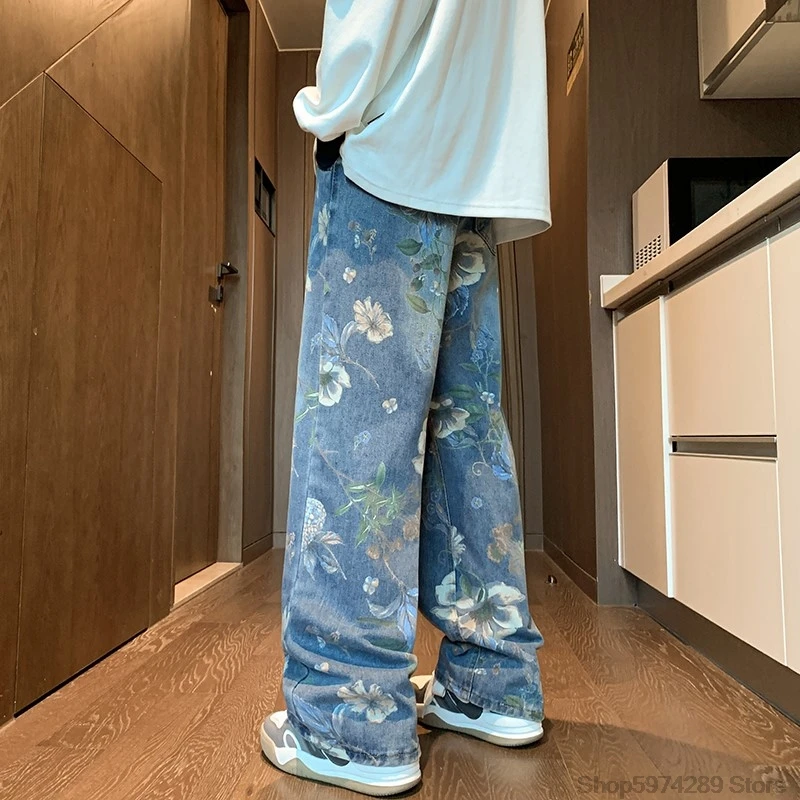 2024 Mens Fashion Floral Printed Jeans Korean Style Autumn Denim Pants High Street Loose Trousers Hip Hop Wide-leg Jean Pants