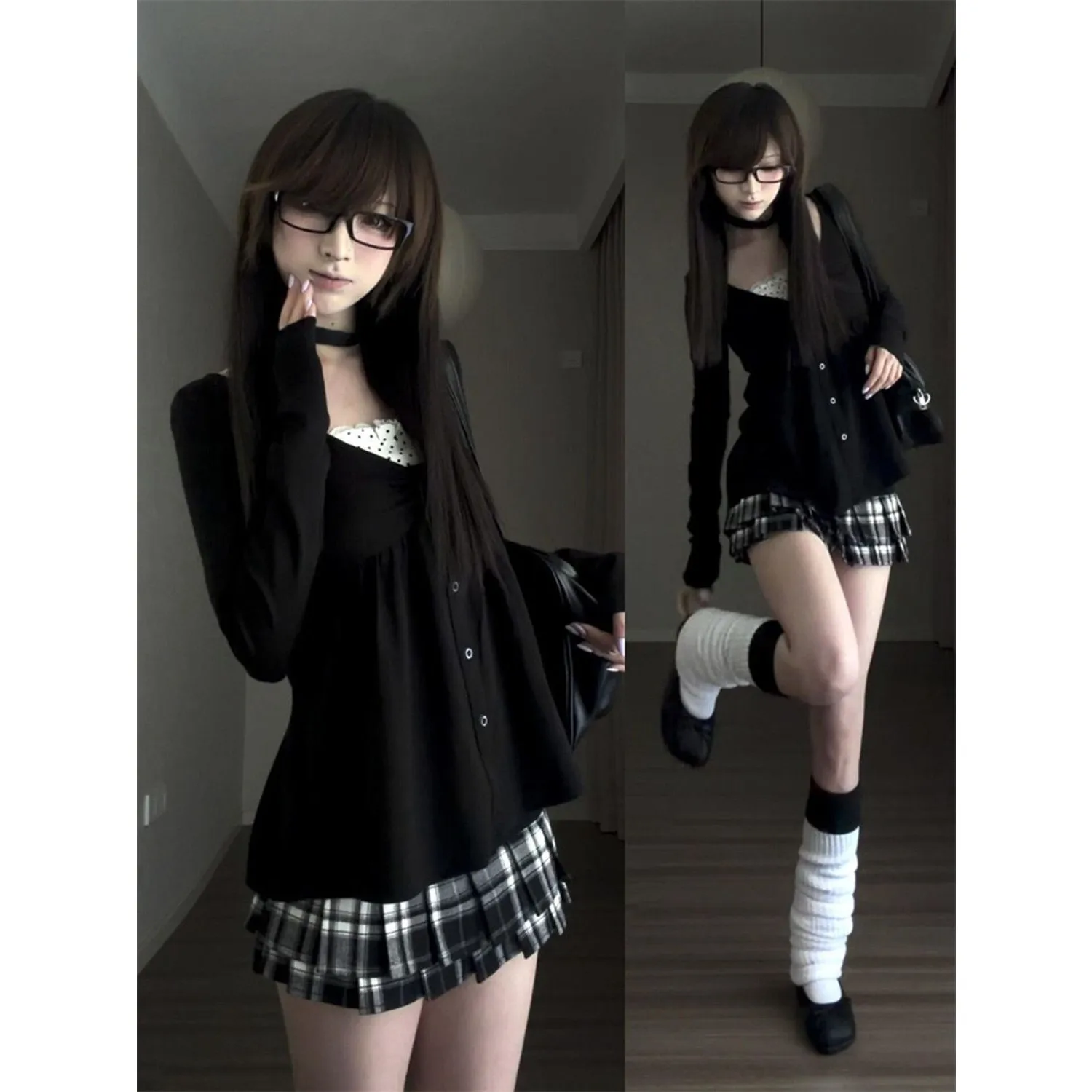 Slim Fit Long Sleeve T-Shirt Women's Style  Knot Loose Feeling Early Autumn Black Polka Dot Split Two-Piece Effect Top