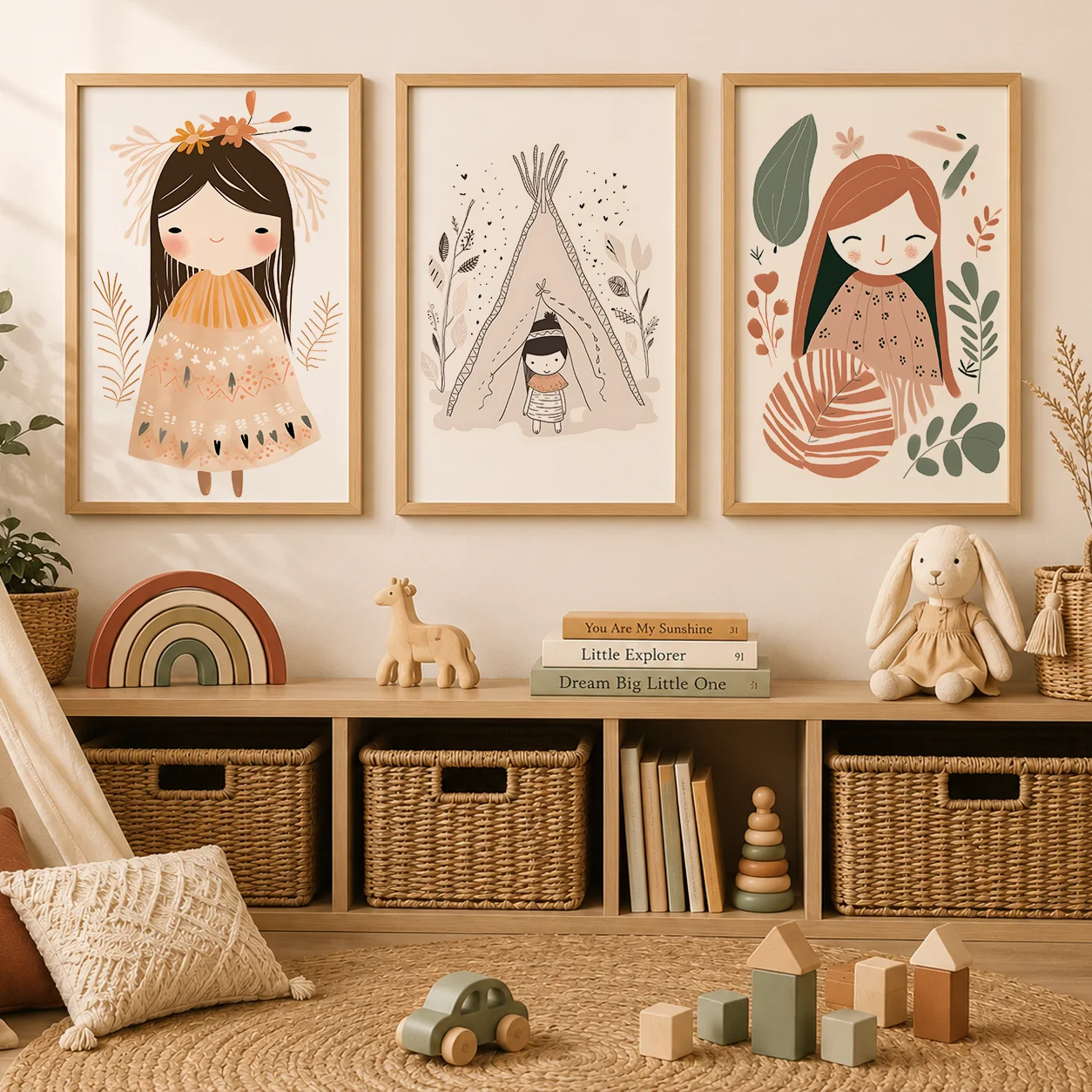 Nursery Wall Art Boho Cute Girl Teepee Canvas Painting Nordic Poster Print for Baby Girl Kids Bedroom Decor