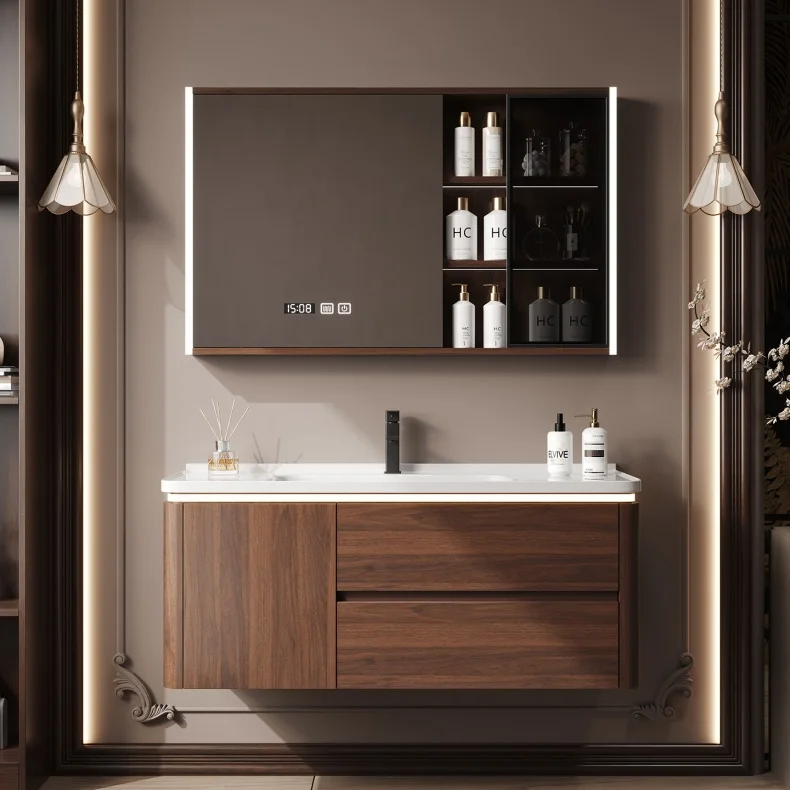 

Modern Style New LED Mirror Bathroom Vanity Set with Exquisite Ceramic Basin and Sink Home Bathroom Cabinet