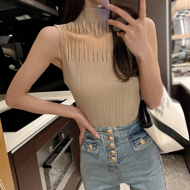 Women\'s Tank Top Simple Fashion Slim Temperament Solid Color Half High Collar Mesh Stitched Korean Version Vest