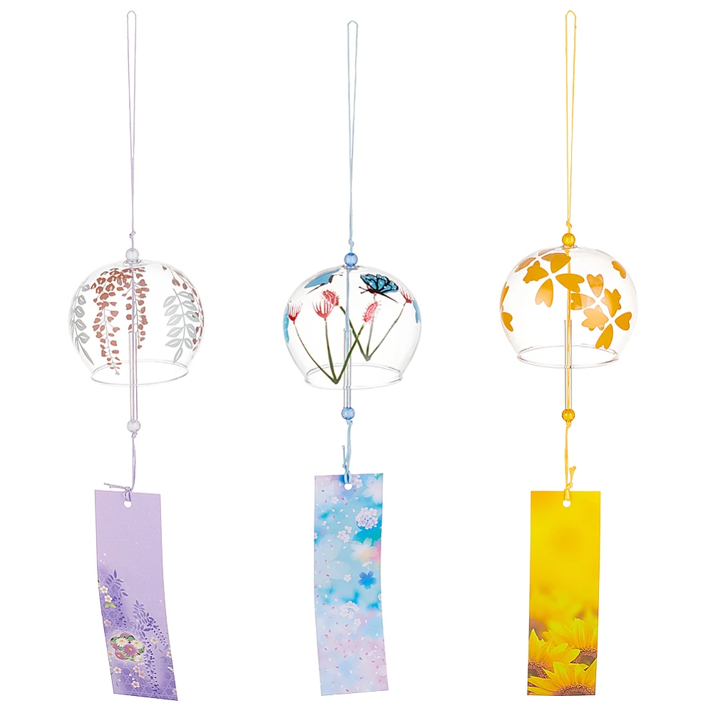 3 PCS 3 Colours Glass Round Wind Chimes Light Sky Blue Light Golden Yellow Light Purple Wind Chimes with Paper Blessing Pendant