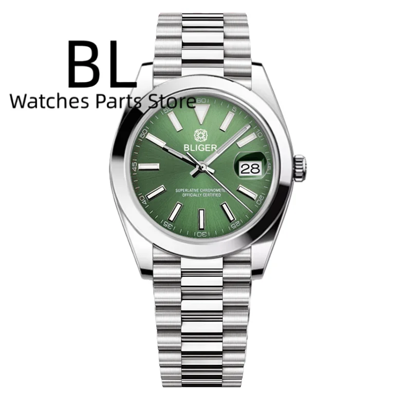 BLIGER Customizable Logo Men's Mechanical Watch Blue Sunburst Dial Date Calendar Sapphire Glass Waterproof  NH35 Automatic Reloj