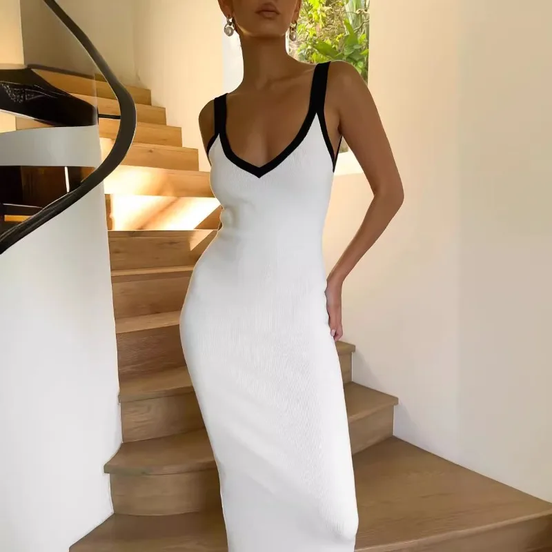 Women Sexy Color Patchwork Knitted Camisole Holiday Maxi Dress V-neck Spaghetti Straps Backless Split Bodycon Beach Long Robe