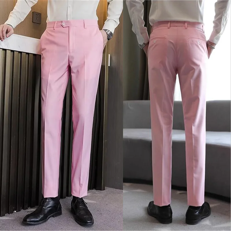 

Plus Size 40-29 High Qualitys Men's Solid Color Slim Fit Suit Pants Fashion Business Formal Men Wedding Social Party Trousers