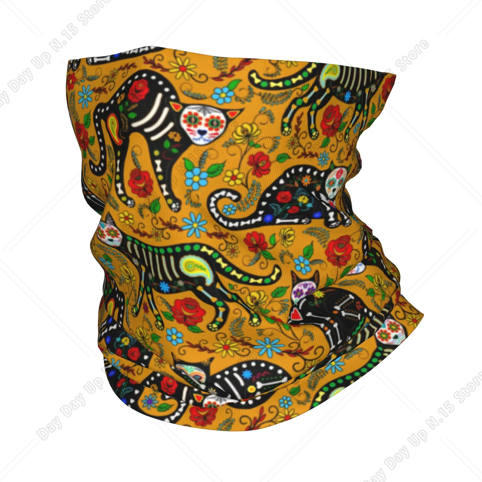Mexican Sugar Skull Black Cats Bandana Neck Gaiter Windproof Face Scarf Cover Men Women Day Of The Dead Headband Tube Balaclava