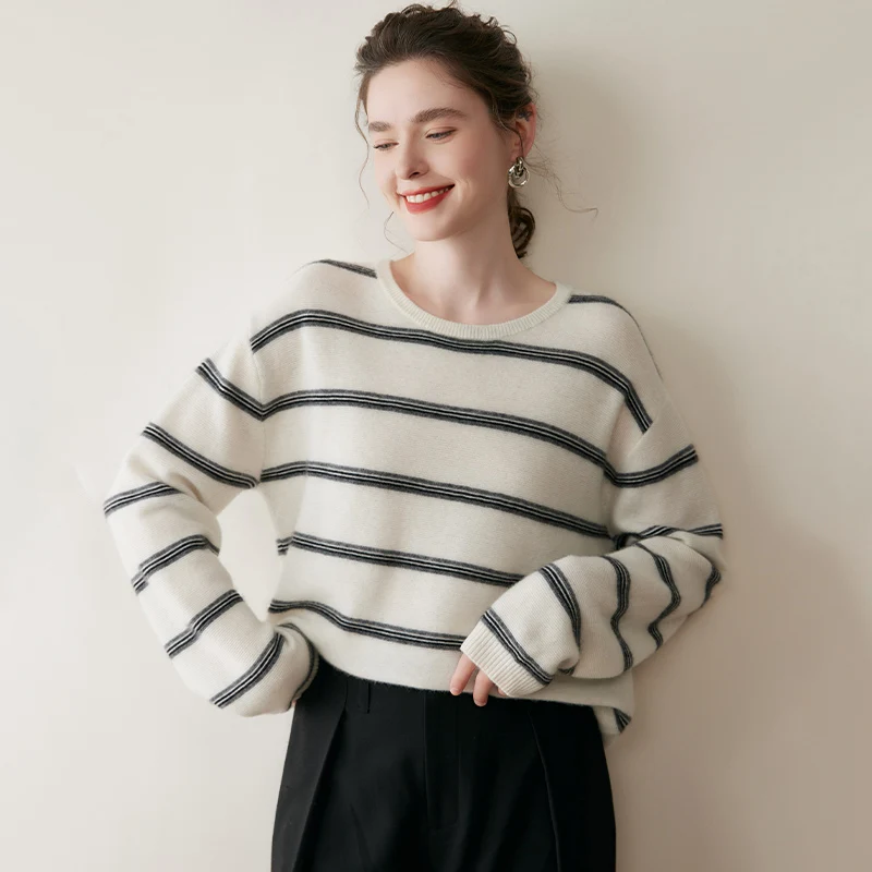 

Autumn Winter O-Neck 100% Pure Cashmere Sweater Casual Woman Striped Pullover Shirt Lovely Female Knitted Warm Tops