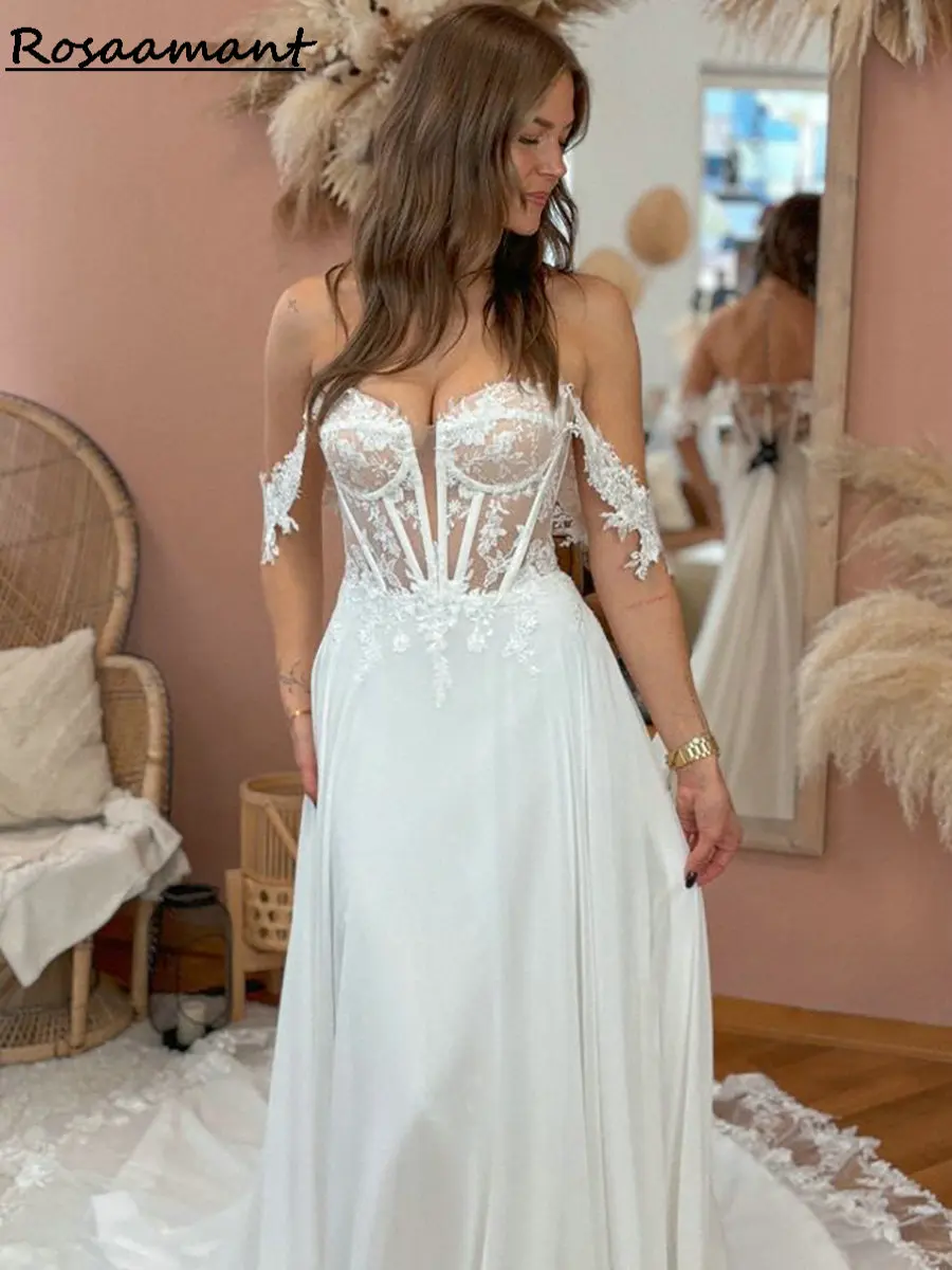 New Arrival Illusion Off The Shoulder A-Line Wedding Dresses Appliques Lace Boho Country Customized Bridal Gowns