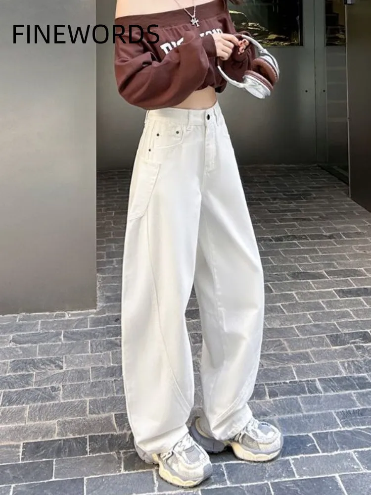 FINEWORDS 2024 White Loose Jeans Women Korean High Waist Jeans Streetwear Easymatch Vintage Harem Boyfriend Jeans