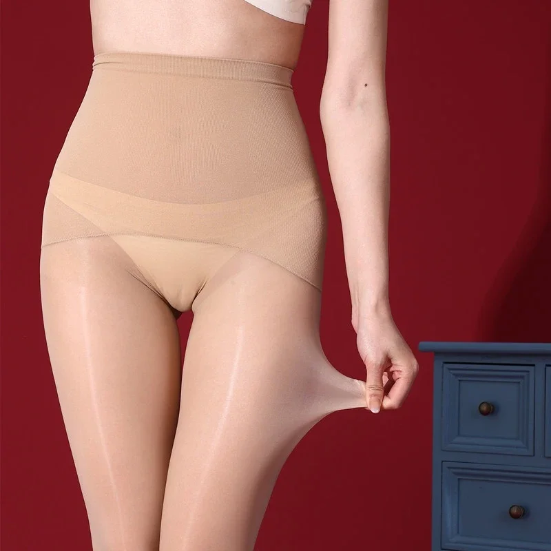 Collants façonnant taille haute sans couture pour femmes, brillant à l'huile, sous-vêtements fins et transparents, en Nylon extensible, levage des hanches, jambes