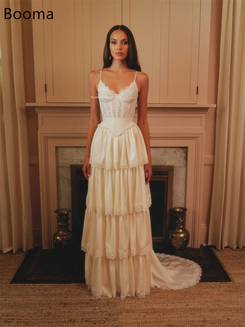 Booma A-Line con cinturino per spaghetti in pizzo a strati eleganti abiti da sposa lunghi senza maniche abito da sposa su misura 2025