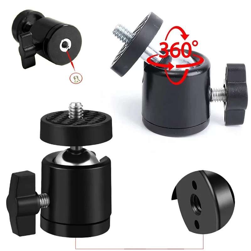 อะแดปเตอร์หัวบอลโลหะขนาดเล็กอเนกประสงค์ ปรับมุมได้ พร้อมสกรู 1/4 นิ้ว และ 3/8 นิ้ว สำหรับกล้อง DSLR ขาตั้งไมโครโฟน ไฟ LED และอุปกรณ์เสริมขาตั้งกล้อง