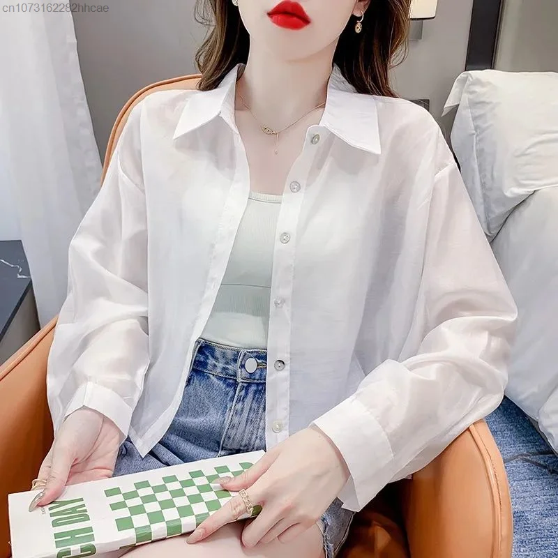 Women's Summer 2023 New Thin Shirt Holiday Casual Beach Sunscreen Clothing Yk2 Cardigan Blouse Chic Elegant Clothes Ladies Top