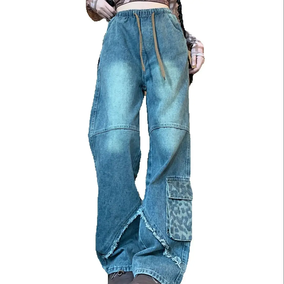 Retro Street Elastic Waist Design Jeans Women Spring Summer 2025 New Loose Casual Versatile Slim Fashionable Wide-Leg Pants