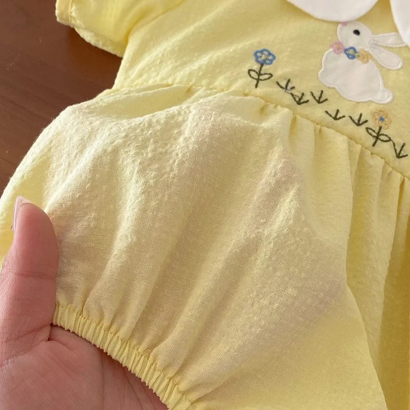 Cute Baby Girl Romper 0-2Years Newborn Princess Short Sleeve Peter Pan Collar Embroidery Rabbit Cotton Bodysuit Summer Clothes