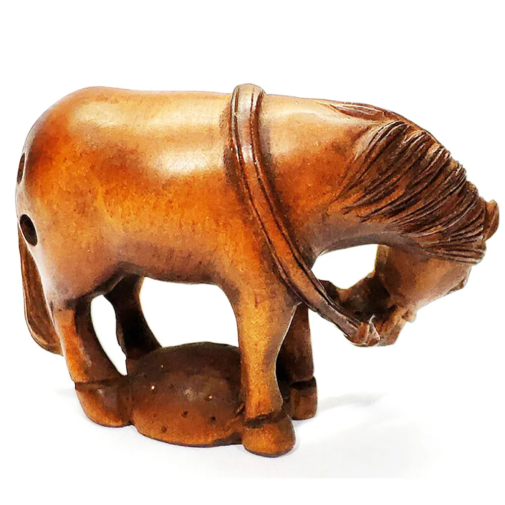 Y148, 2 INCH Japanese Boxwood Hand Carved Netsuke Sculpture Miniature : Zodiac Horse