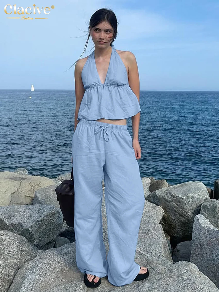 

Clacive Summer Loose Blue Cotton Trousers Set 2 Piece Woman 2026 Sexy Sleeveless Tank Top With High Waist Wide Pants Set Female