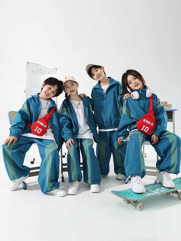 Kpop Jazz Dance Outfit Kids Hip Hop Dance Clothes Blue Loose Tracksuit Cheerleading Costume Street Dance Clothing DL11046