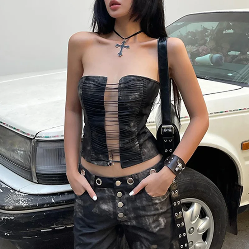 WhereMery Sexy Wrapped Chest Vest 2024 Women's Off Shoulder Black Fashion Top Aesthetic Bandage High Street Party Women's Top