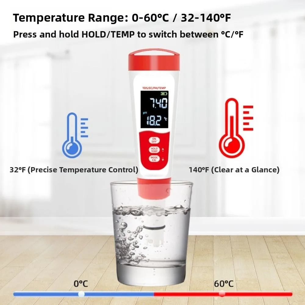

4-in-1 Water Quality Tester LCD Digital Display Multifunction Digital PH Meter High Accuracy 0-9999PPM Water Purity Testing Pen