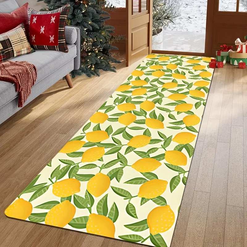 Cream Base Yellow Lemon Green Leaf Full Print Runner Rug, Non-Slip Washable Mat for Living Room Entryway Hallway Fresh Summer