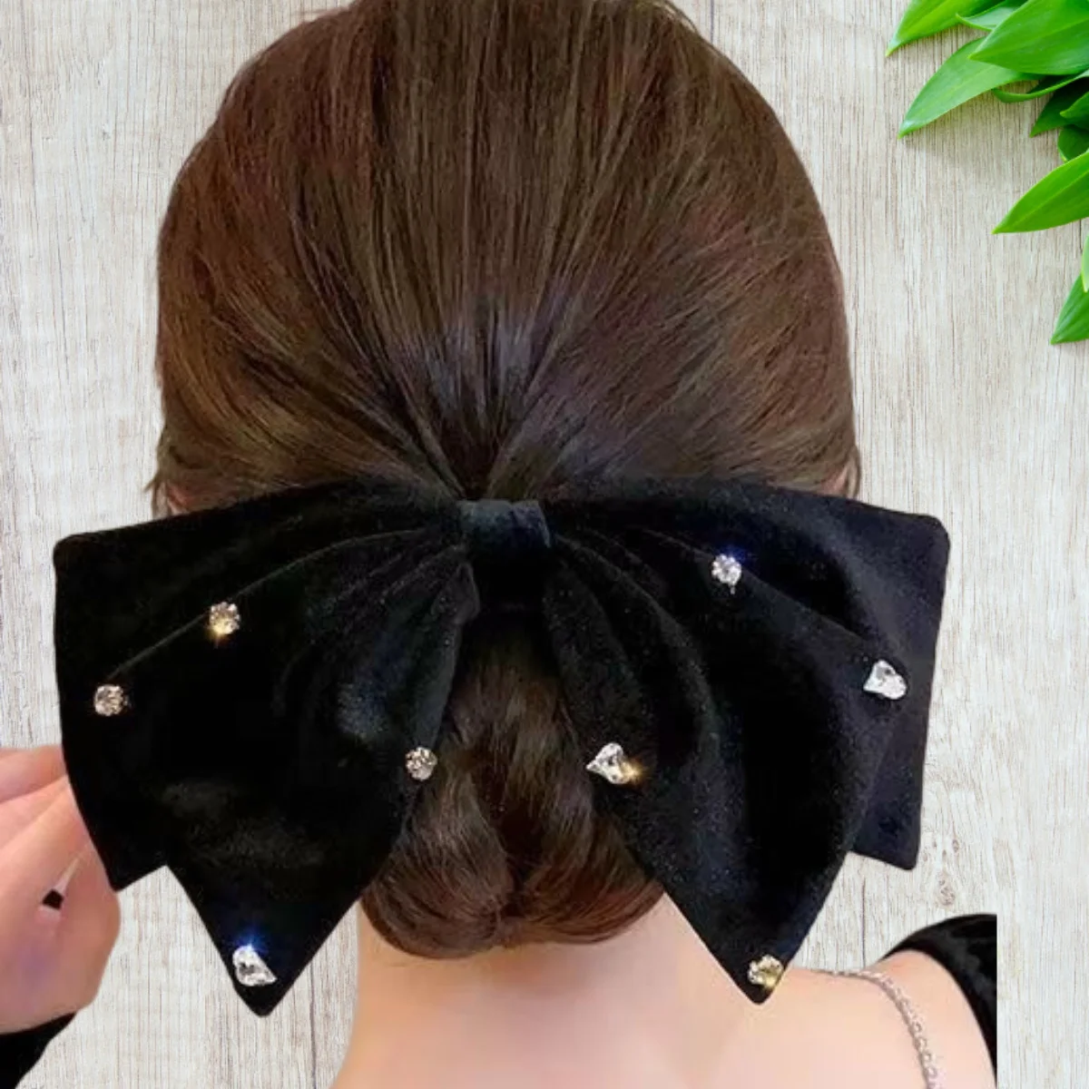 

Vintage Velvet Bow Clip with Rhinestone Love Design Large Barrettes for Women Girls Special Occasion Accessories