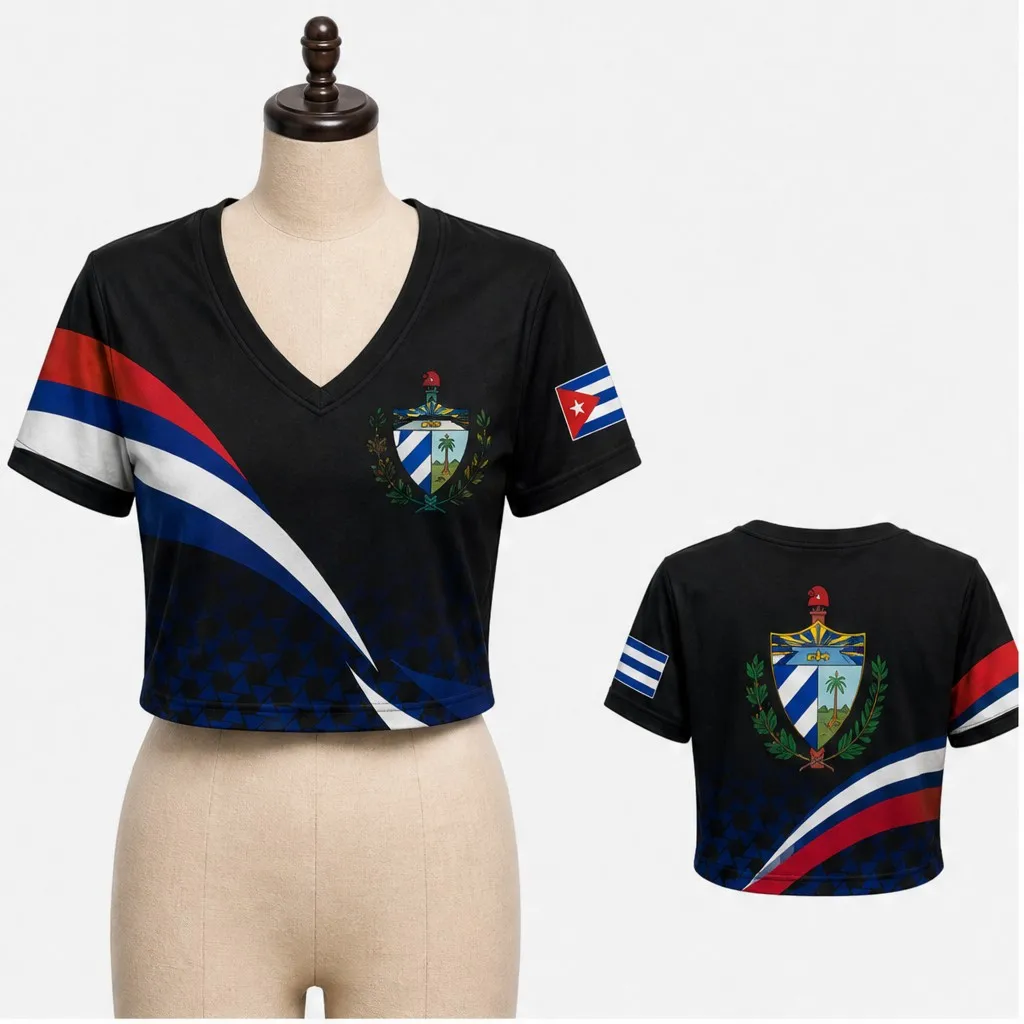 Womens Cuba V Neck Short Sleeve Crop Top Crest Flag Stripe Graphic Casual Summer Shirt for Street Travel Holiday Everyday Styles
