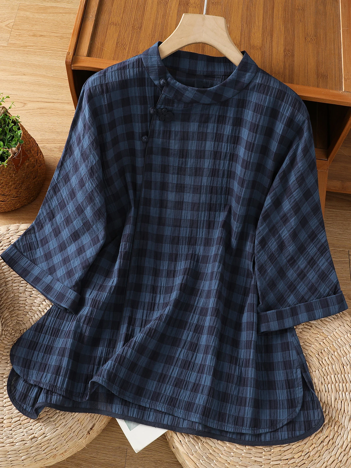 

Retro Plaid Print Overhead irt plus Size Women's Casual Side Slit Five Sve Stand Collar Button up Loose Fit Summer Top