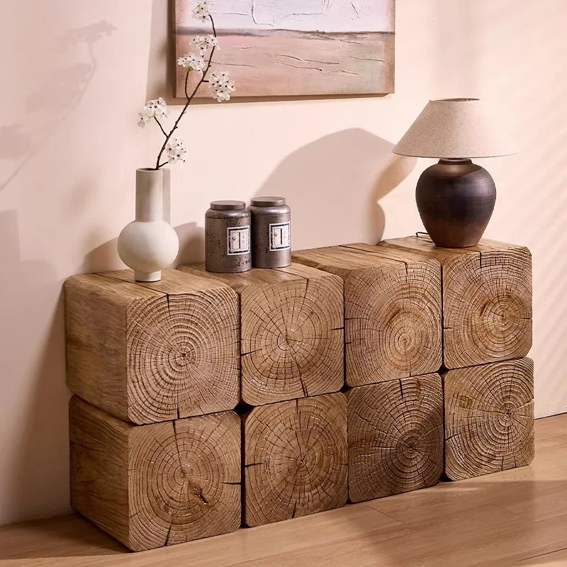 

！@Modern Solid Wood Square Seat Console Table Log Pier Tree Stump Base Elegant Carving Ornament