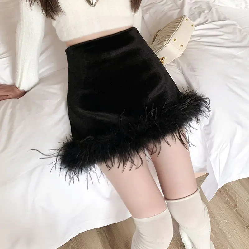 Sweet Fashion Autumn Winter Velvet Women Solid Zipper Patchwork Korean Temperament High Waist Slim Short A-line Hip Wrap Skirt