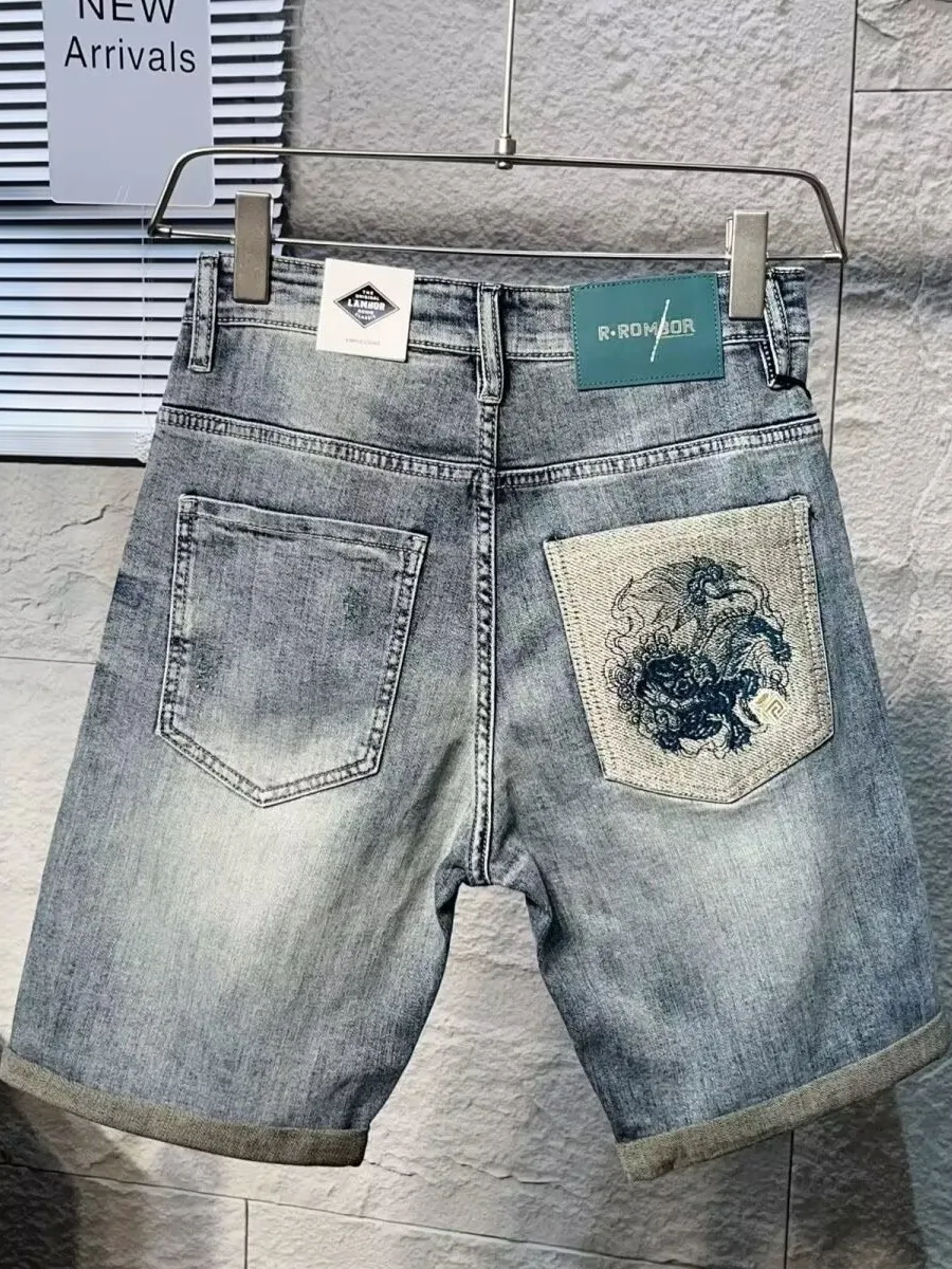Zomer dunne Faion luxe heren denim orts casual elastische rechte gestikte vijfkwartbroek jeugd vrijetijdskleding