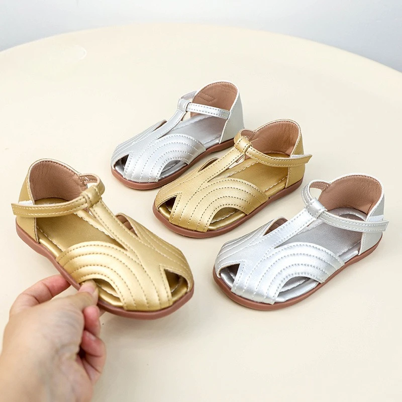 

Brand Girl Sandals 2025 Summer New Gold Kid Leather Shoe Fashion Princess Shoe Allmatch Boy Sandals Trend Roman Shoe Kids Shoes