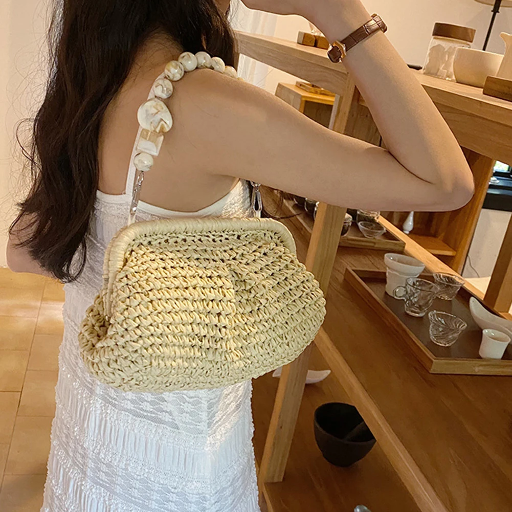 Summer Designer Beach Handbag Hobo Chain Crossbody Bag 2023 Fashion Women Straw Woven Bags Stone Chain Small Bucket Bag