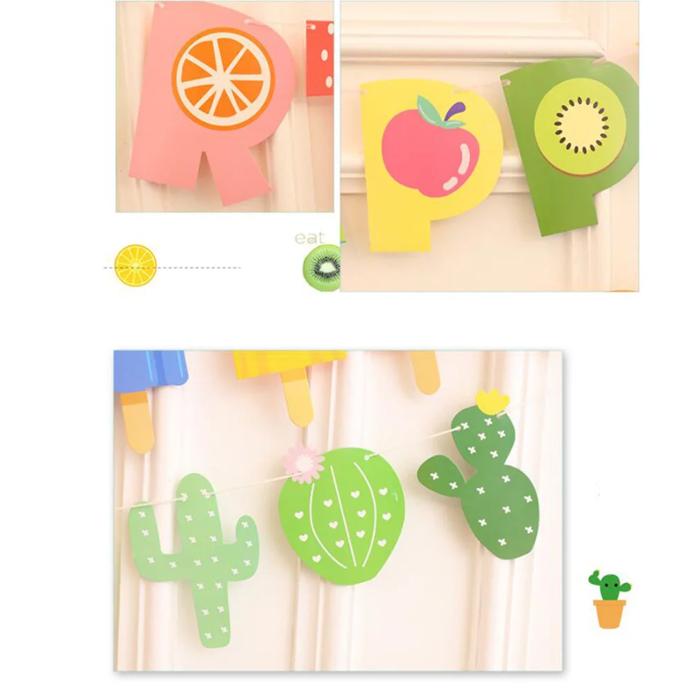

2Pcs Summer Party Bunting Birthday Decoration Cactus Ice Cream Design Colorful Paper Flag String Hanging Decor for Indoor