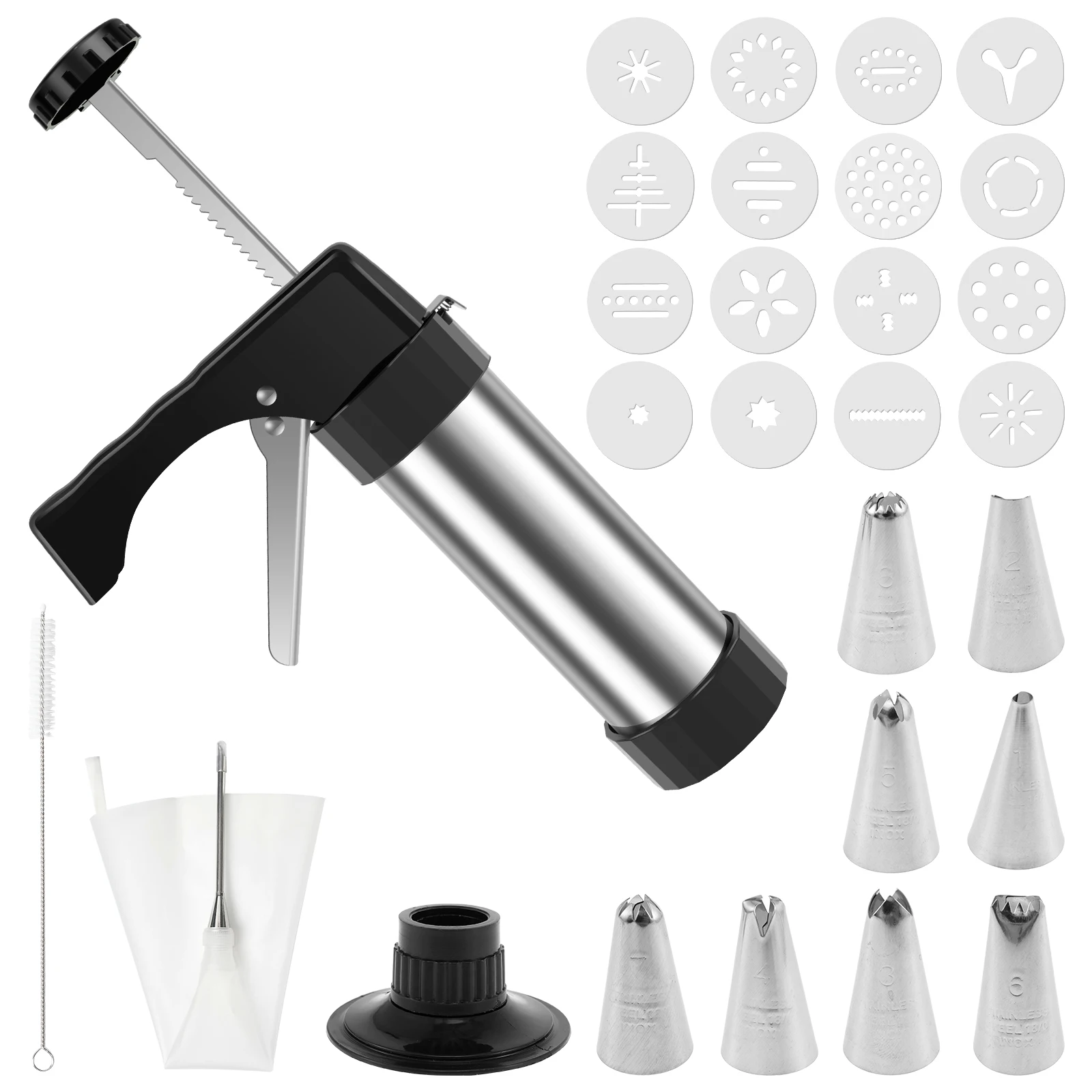 Stainless Steel Cookie Press Multipurpose Cookie Press Kit Featuring 16 Cookie Discs and 8 Icing Tips Practical Cookie Press