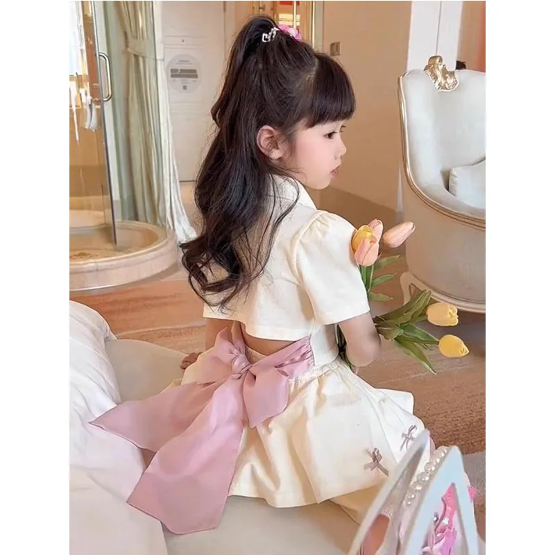 2024 Girls Polo Shirt Suit Baby Cute Bowknot Halter Skirt Set Summer New Children's Fashion Casual Sweet 2 Pieces 3-8 Years Old