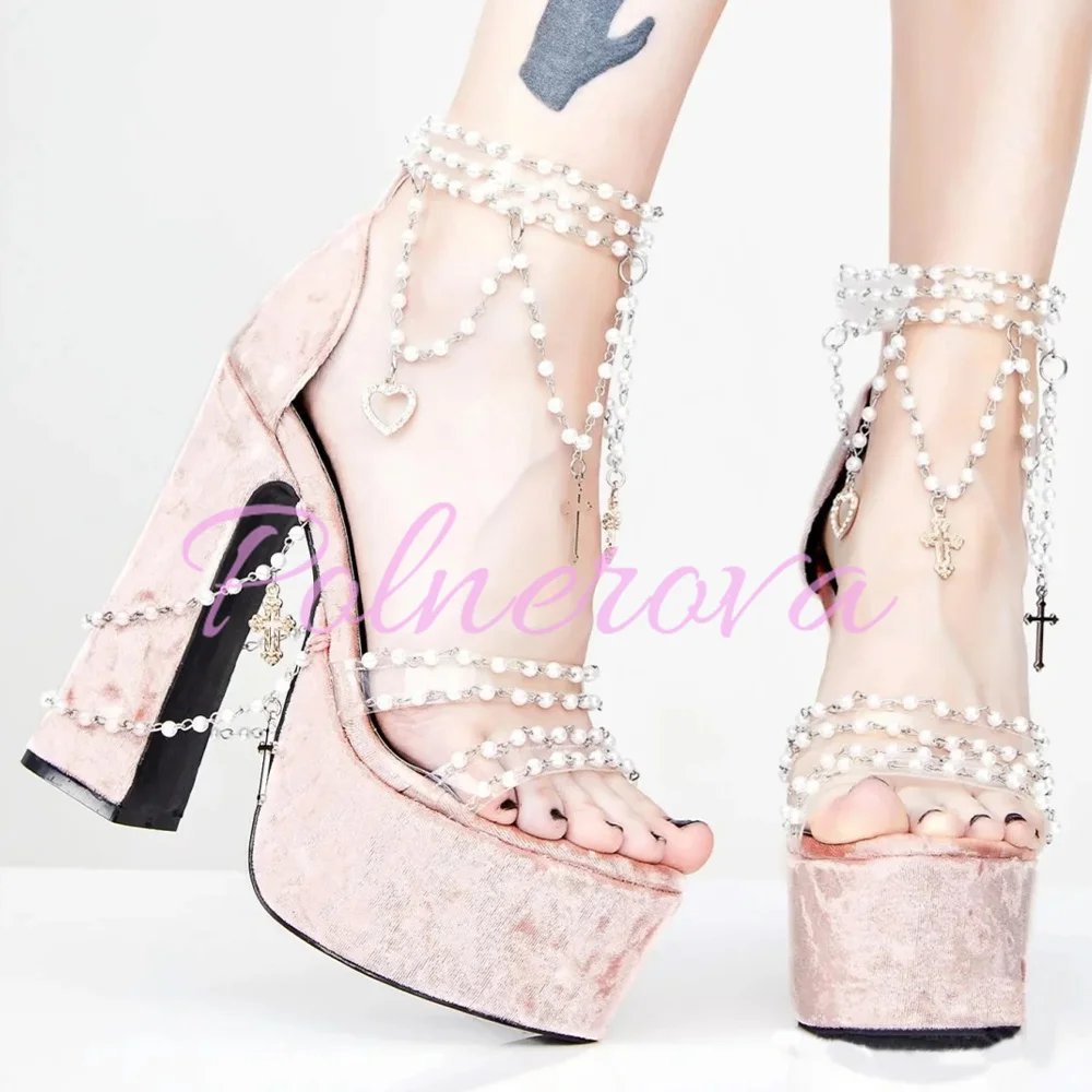 Velvet Pearls Chains Sandals Women Open Toe Platform Chunky High Heels Pink Blue Peep Toe Party Wedding Shoes Sandalias De Mujer