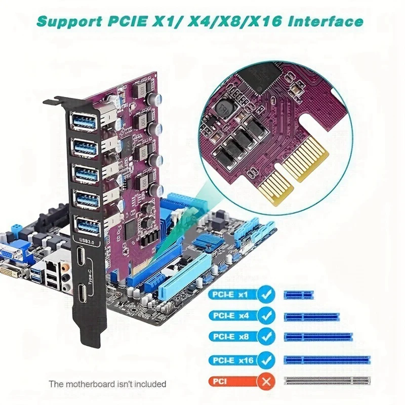 7 Ports USB 3.0 Expansion Card USB-A 5X USB-C 2X PCI Express USB Add In Card Hub Converter For Desktop PC Host Card