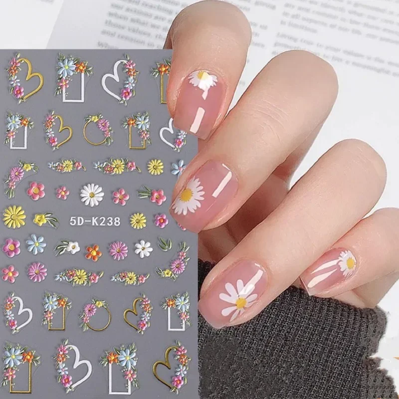 Elegant Small Daisy Flower Nail Stickers – Embossed Acrylic Floral Decals with Golden Geometric French Design