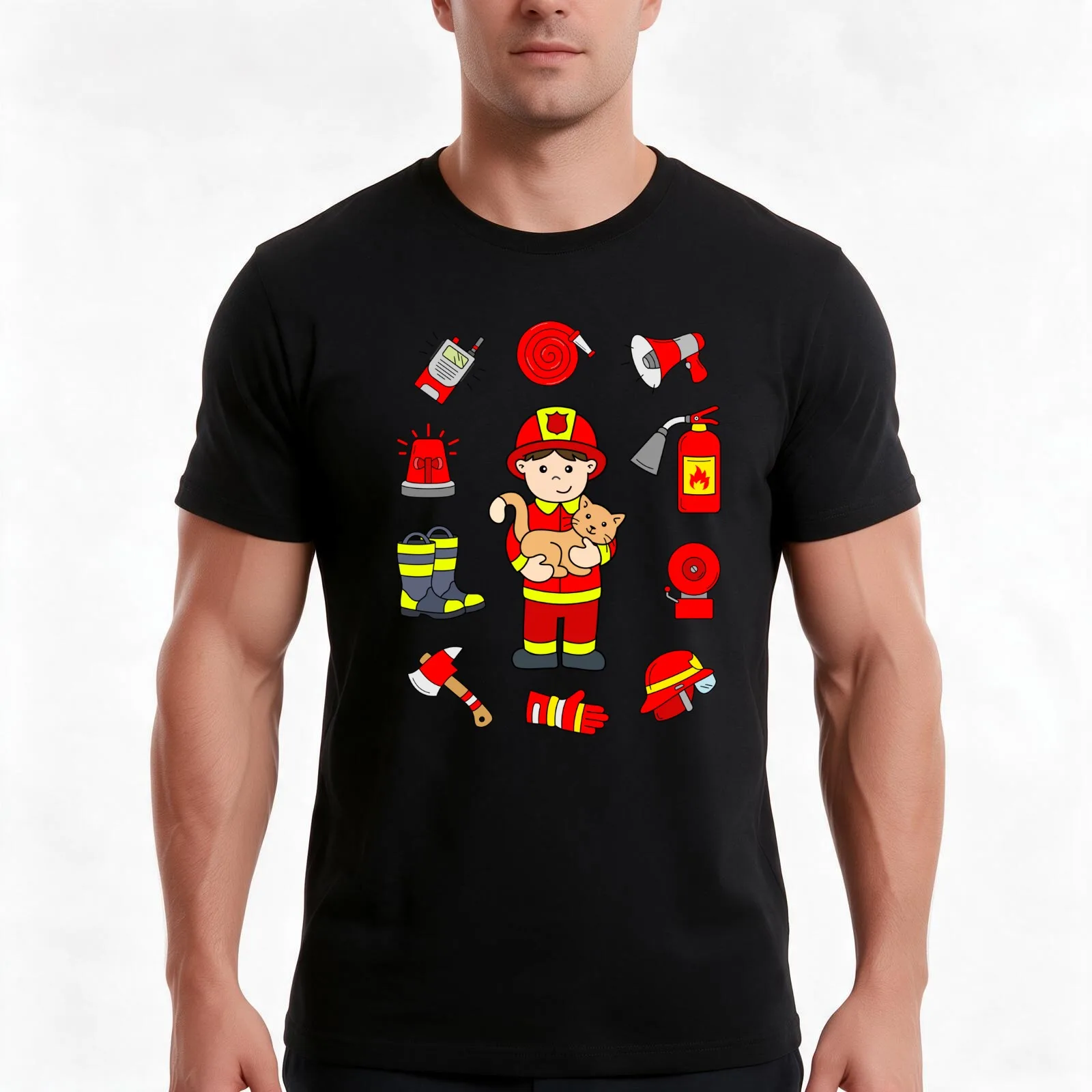 Boy as Fireman with Cat and Firefighter Accessories T-Shirt, Summer Casual Cotton Tee, Oversized Streetwear Tops, 100% Cotton