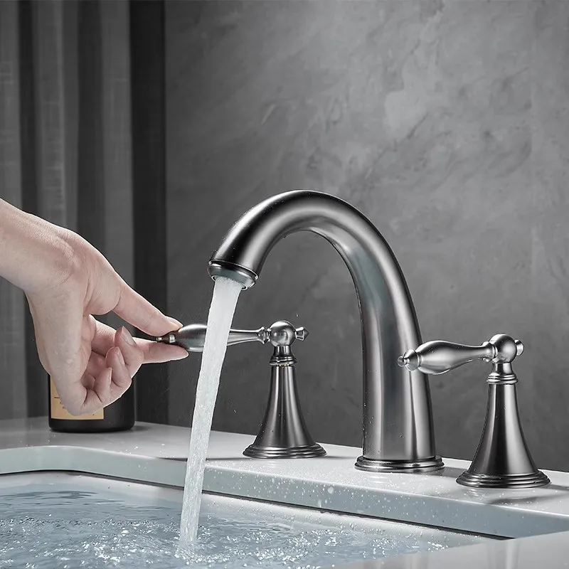 Immagine 6: Tuqiu Rubinetto per lavabo Ottone Grigio Rubinetto per bagno diffuso Rubinetti per lavabo antichi Rubinetto per lavabo a 3 fori Rubinetto per acqua calda e fredda