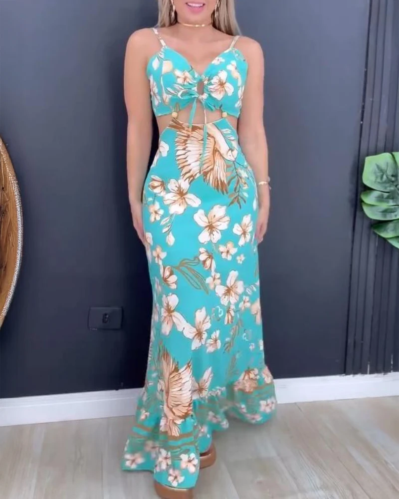 

Alluring Printed Dress: Features Thin Shoulder Straps, a V - Neck, Backless Style and Eye - Catching Lace - Up Accents