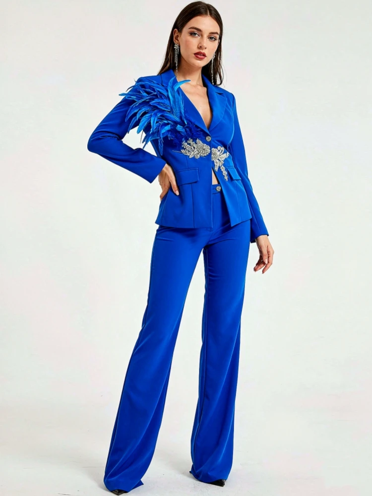 D&M Elegant Women's Outfit​ - Royal Blue Feather Embroidered Deep V-Neck Cropped Blazer