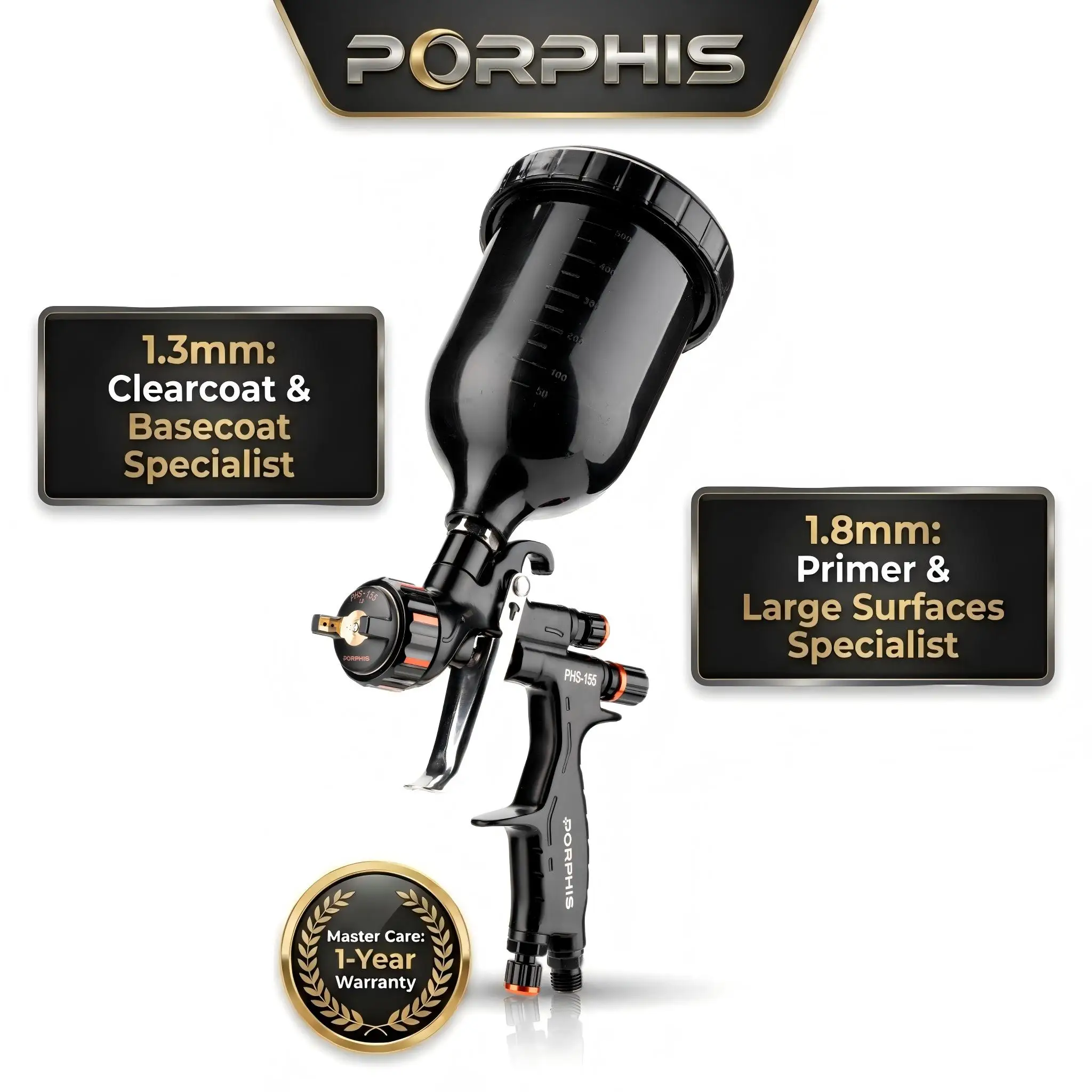 Original PORPHIS PHS-155 Professional MP Spray Gun, 1.3mm or 1.8mm High Atomization Paint Gun for Automotive Refinishing