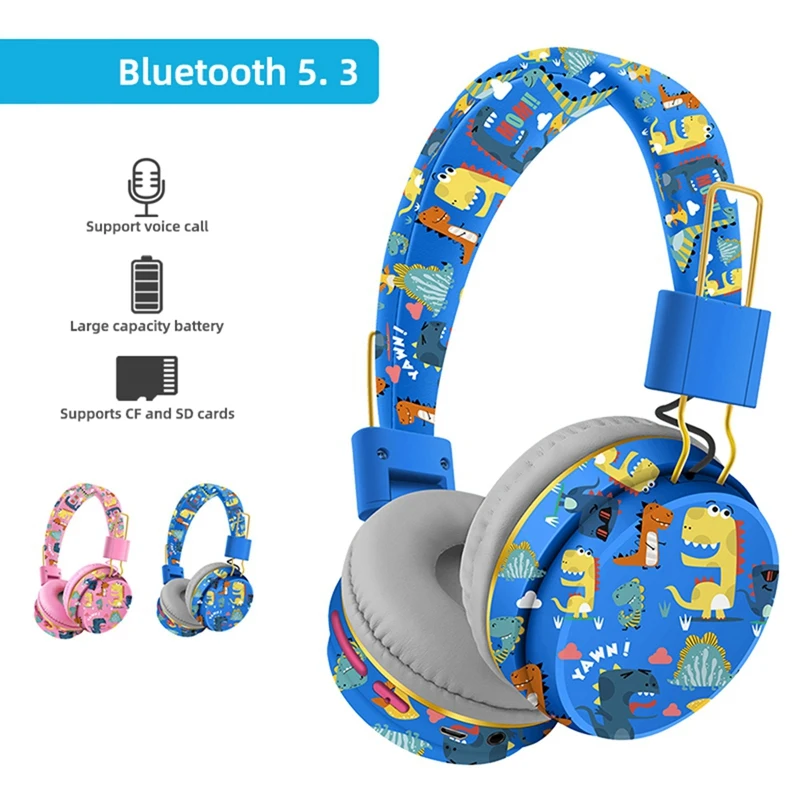 Cuffie Bluetooth senza fili con microfono cuffie con scheda TF per auricolari Stereo con animali di dinosauro per bambini