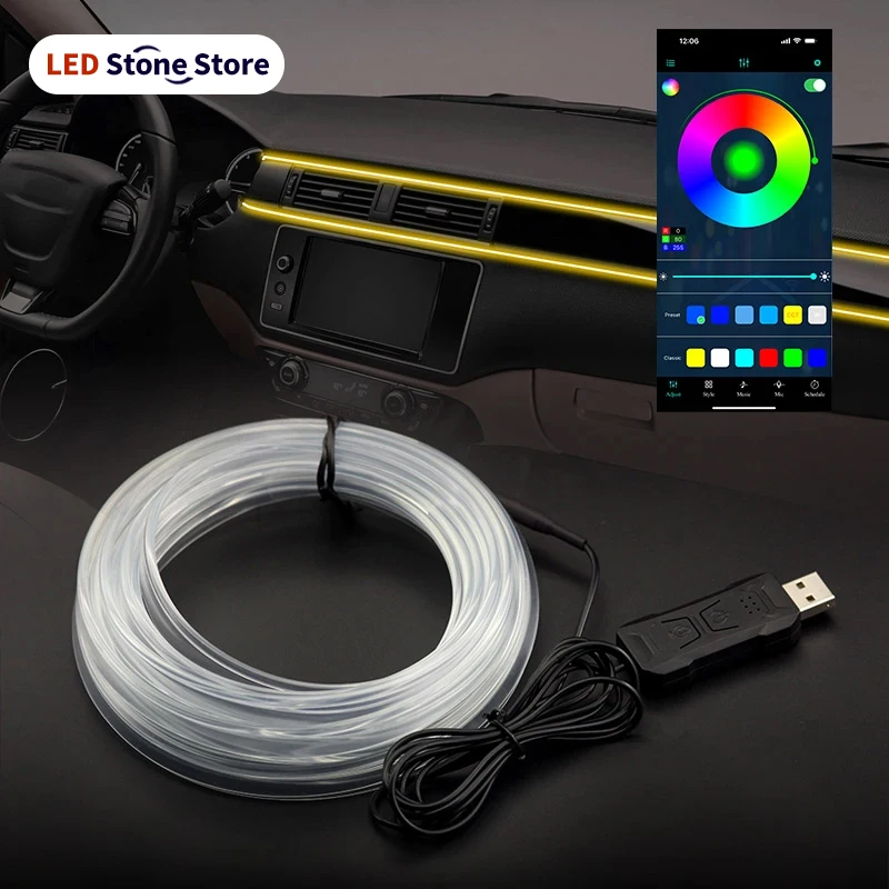1/2/3/4/5M Car Interior RGB LED Light Strip Ambient Neon Invisible Light USB Fiber Optic Atmosphere Lamp Support APP Control