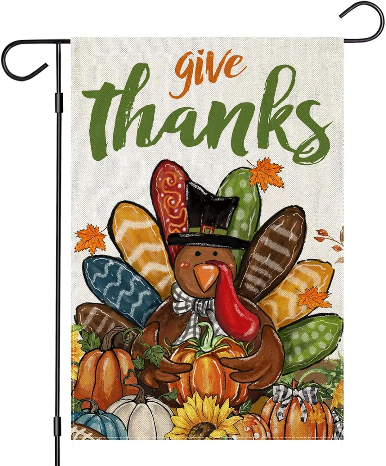 Thanksgiving Garden Flags 12x18 Inch Double Sided, Give Thanks Turkey with Pumpkins Small Seasonal Decor for Harvest Autumn Yard