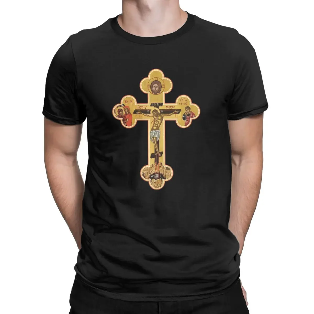 Men's T-Shirt Orthodox Cross Fun 100% Cotton Tees Short Sleeve Jesus Religion T Shirts Crewneck Clothes Birthday Present