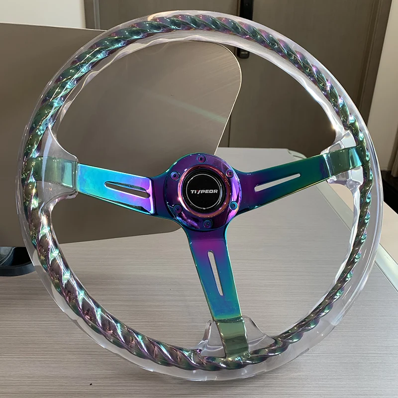 350mm Hitman Twister Steering Wheel Clear Acrylic Deep Dish Neo-Chrome Spoke Reinforced Steering Wheel Universal